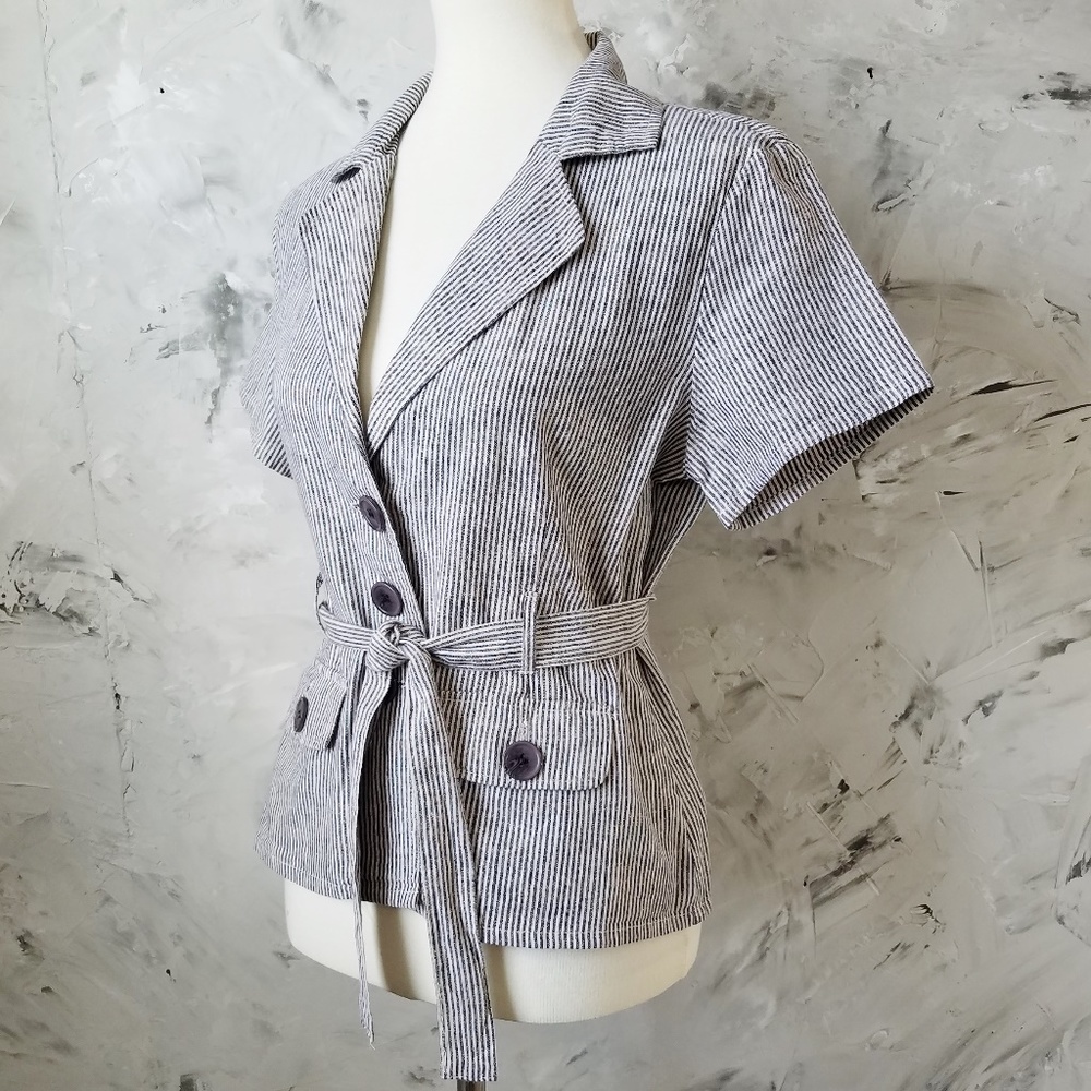SHERRY TAYLOR Navy & White Stripped Jacket Blouse - Picture 1 of 8